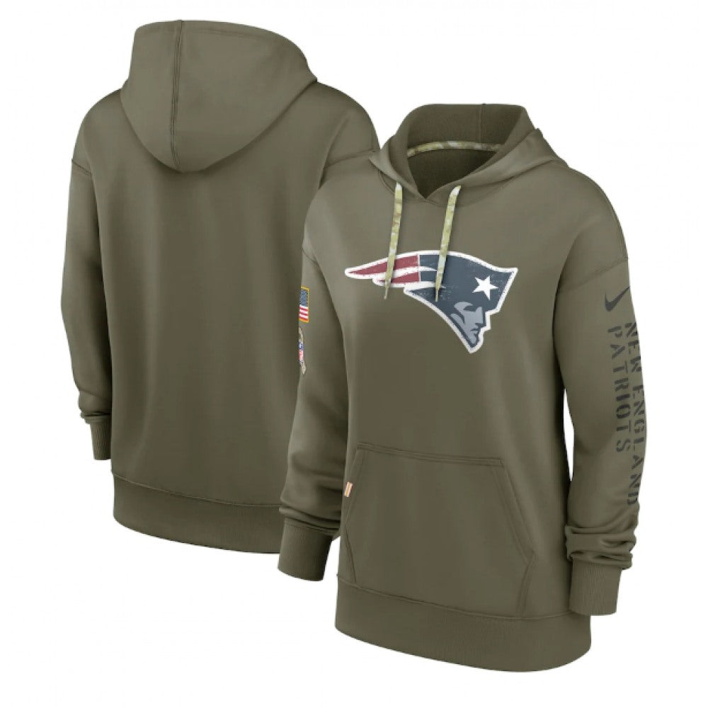 Women's New England Patriots 2022 Olive Salute to Service Therma Performance Pullover Hoodie(Run Small) 