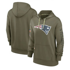 Women's New England Patriots 2022 Olive Salute to Service Therma Performance Pullover Hoodie(Run Small) 
