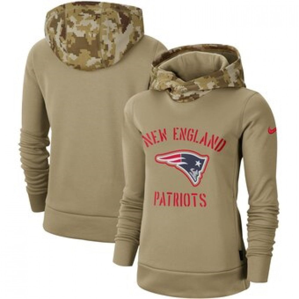 Women's New England Patriots Khaki 2019 Salute to Service Therma Pullover Hoodie(Run Small) 