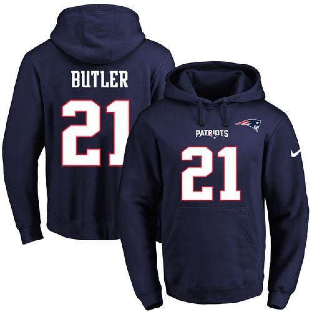 Patriots #21 Malcolm Butler Navy Blue Name & Number Pullover NFL Hoodie 