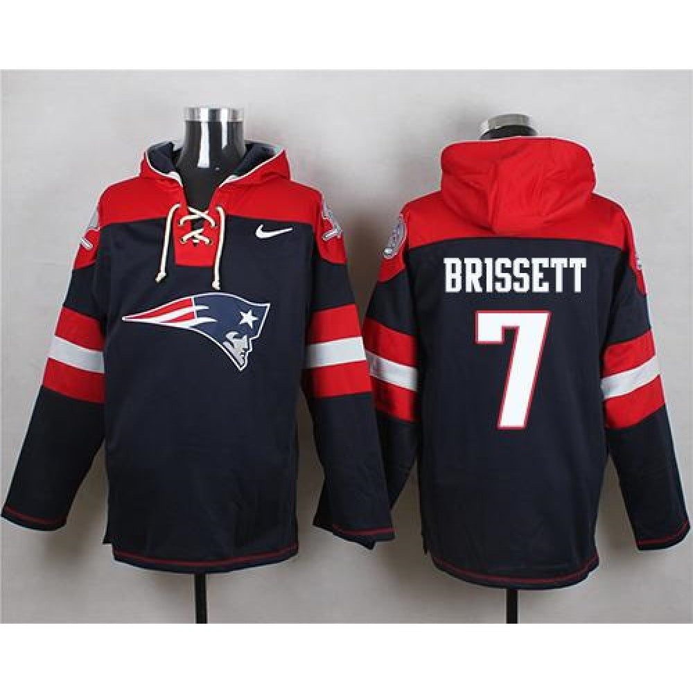 Patriots #7 Jacoby Brissett Navy Blue Player Pullover NFL Hoodie 