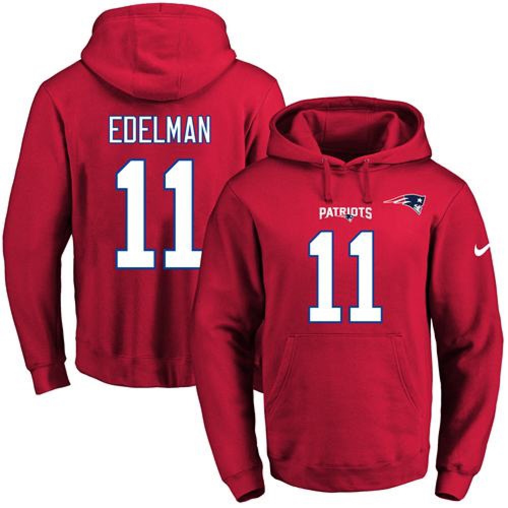 Patriots #11 Julian Edelman Red Name & Number Pullover NFL Hoodie 