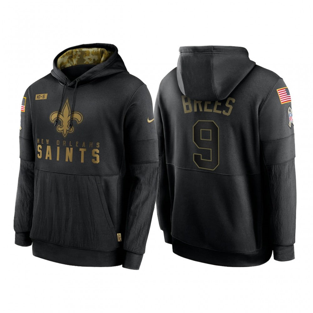 Men's New Orleans Saints #9 Drew Brees 2020 Black Salute to Service Sideline Performance Pullover Hoodie 
