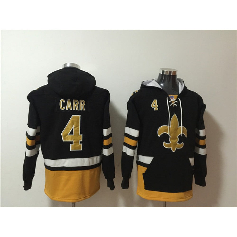 Men's New Orleans Saints #4 Derek Carr Black Ageless Must-Have Lace-Up Pullover Hoodie 