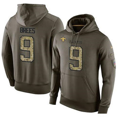 NFL Men's New Orleans Saints #9 Drew Brees Stitched Green Olive Salute To Service KO Performance Hoodie 