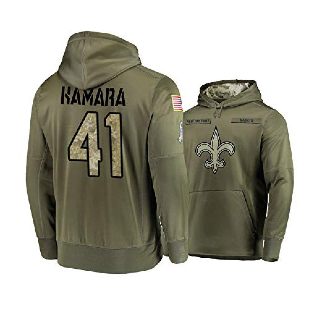 Men's New Orleans Saints #41 Alvin Kamara 2019 Olive Salute To Service Sideline Therma Performance Pullover Hoodie 