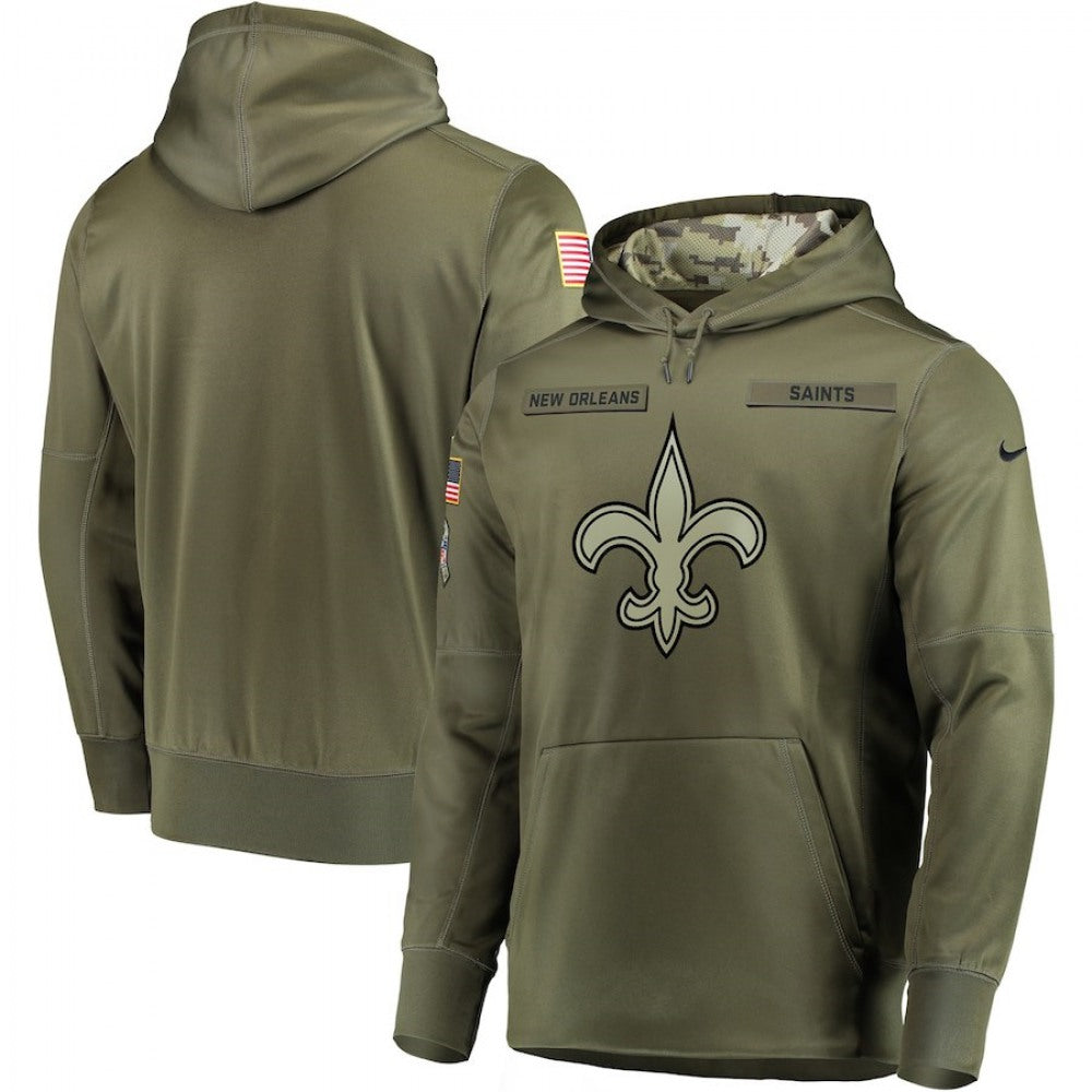 Men's New Orleans Saints 2018 Olive Salute to Service Sideline Therma Performance Pullover Stitched NFL Hoodie 