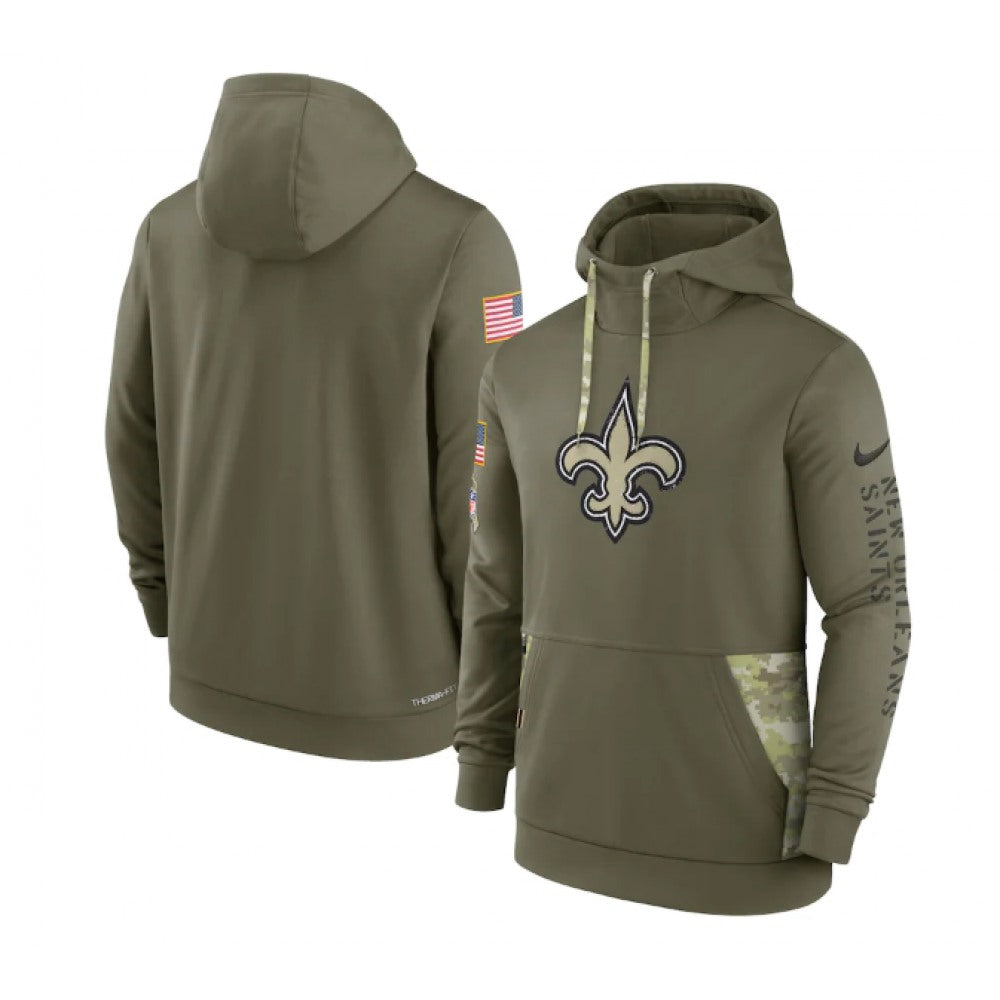 Men's New Orleans Saints 2022 Olive Salute to Service Therma Performance Pullover Hoodie 