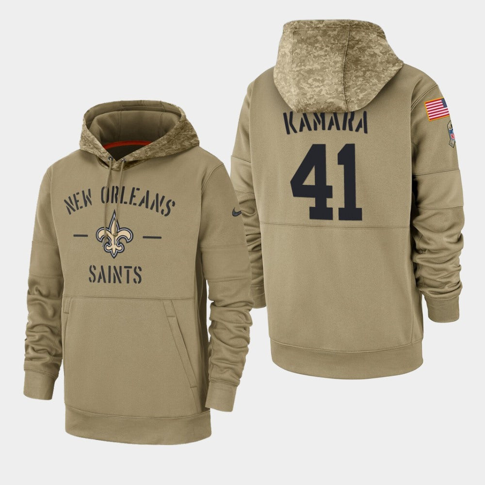 Men's New Orleans Saints #41 Alvin Kamara Tan 2019 Salute to Service Sideline Therma Pullover Hoodie 