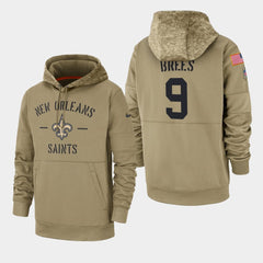 Men's New Orleans Saints #9 Drew Brees Tan 2019 Salute to Service Sideline Therma Pullover Hoodie 