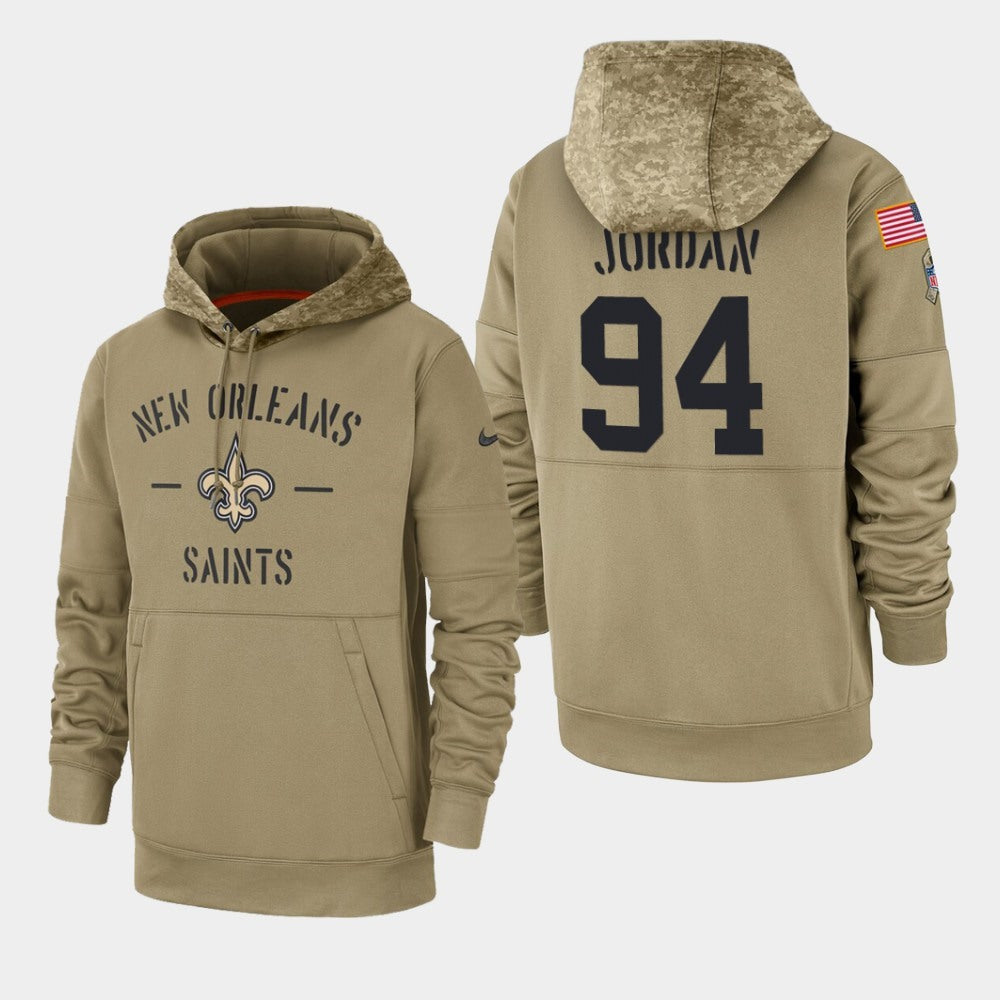 Men's New Orleans Saints #94 Cameron Jordan Tan 2019 Salute to Service Sideline Therma Pullover Hoodie 