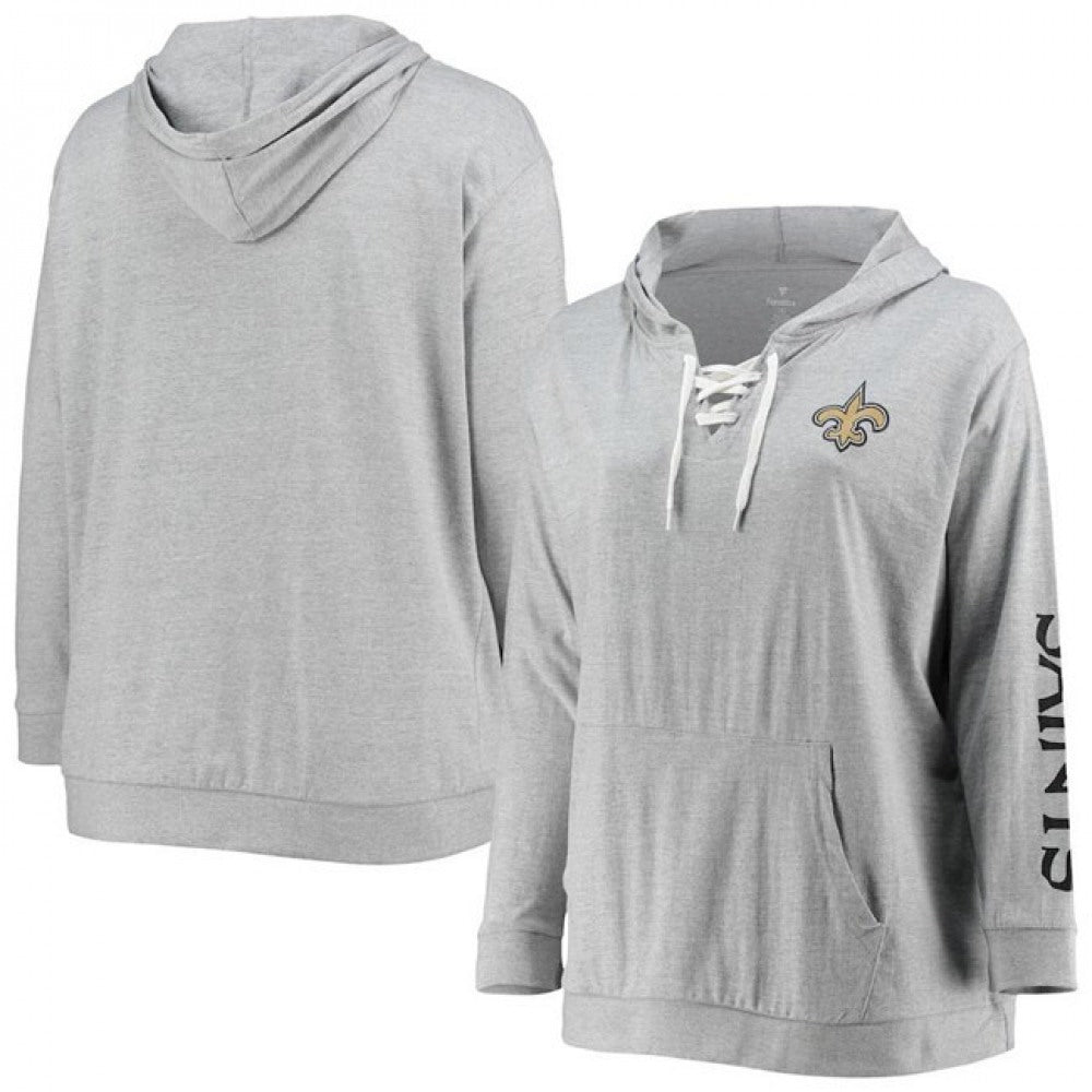 Women's New Orleans Saints Heathered Gray Lace-Up Pullover Hoodie 