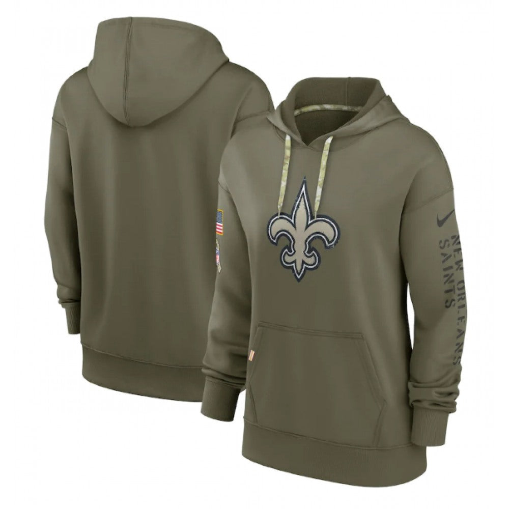 Women's New Orleans Saints 2022 Olive Salute to Service Therma Performance Pullover Hoodie(Run Small) 