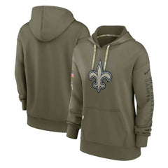 Women's New Orleans Saints 2022 Olive Salute to Service Therma Performance Pullover Hoodie(Run Small) 