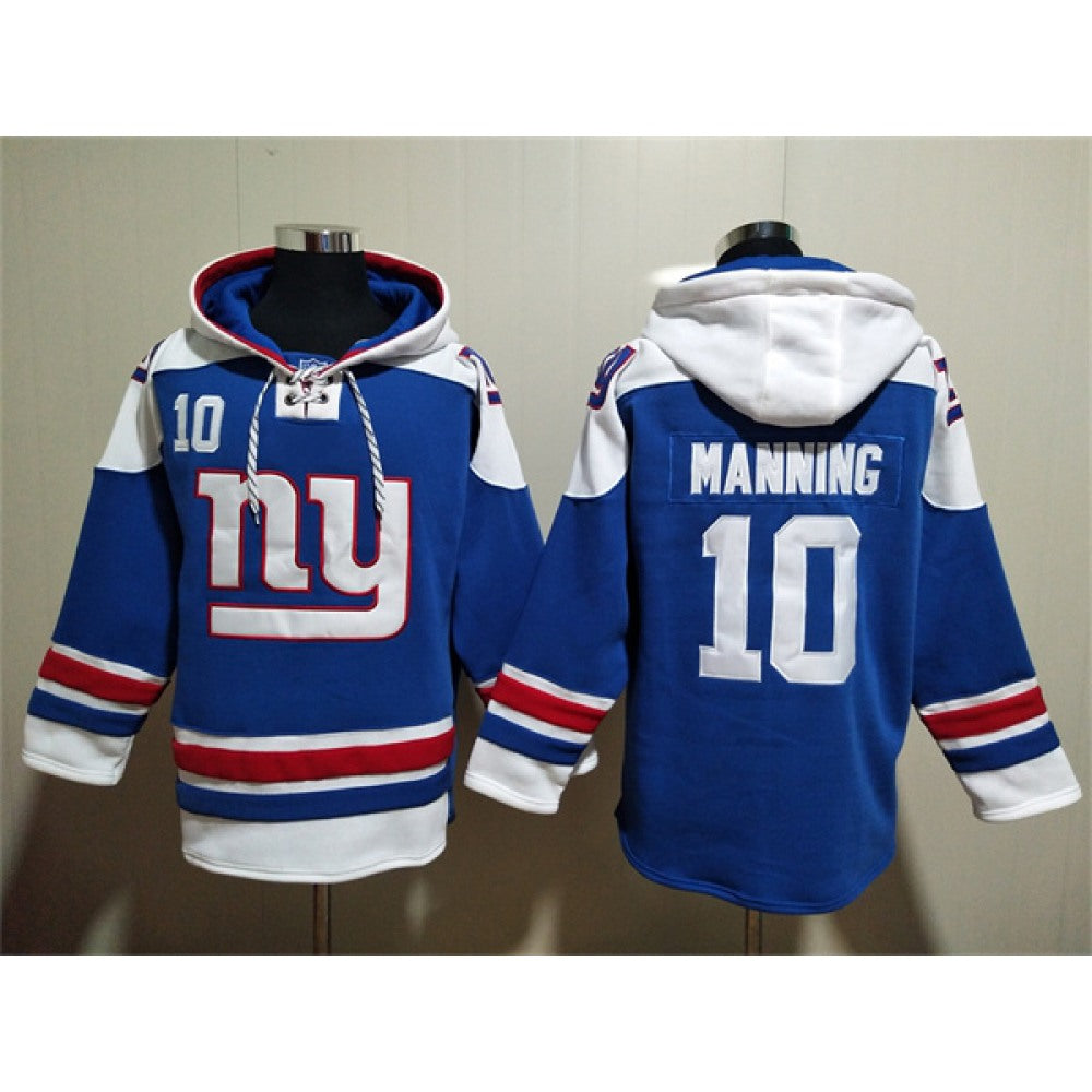 Men's New York Giants #10 Eli Manning Blue Lace-Up Pullover Hoodie 