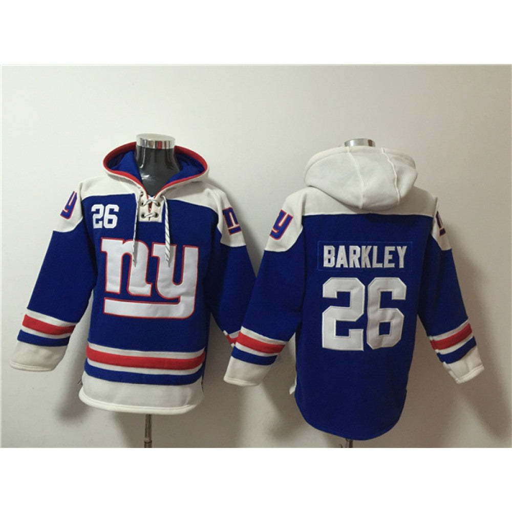 Men's New York Giants #26 Saquon Barkley Blue Lace-Up Pullover Hoodie 