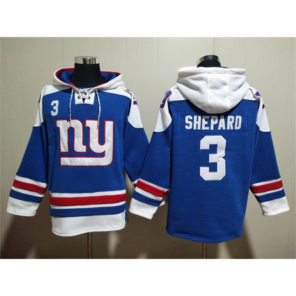 Men's New York Giants #3 Sterling Shepard Blue Lace-Up Pullover Hoodie 