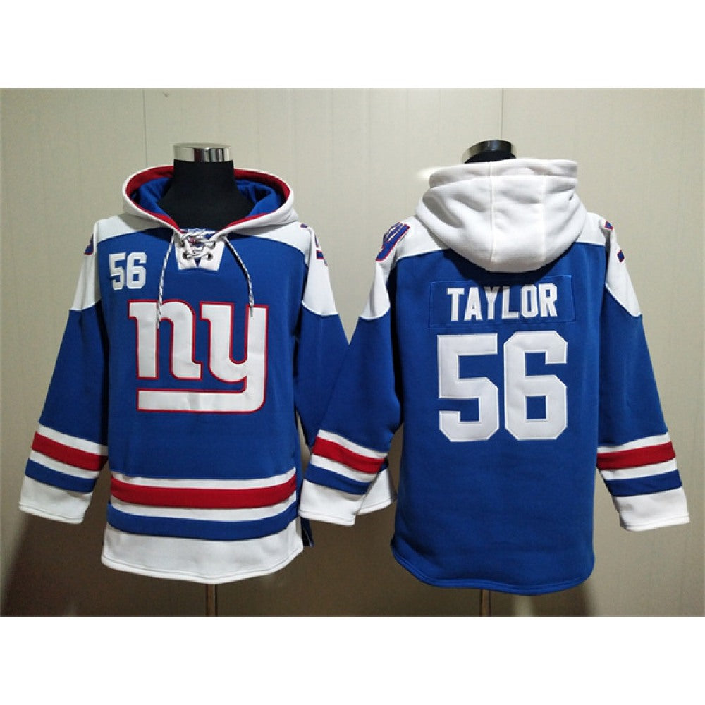 Men's New York Giants #56 Lawrence Taylor Blue Lace-Up Pullover Hoodie 