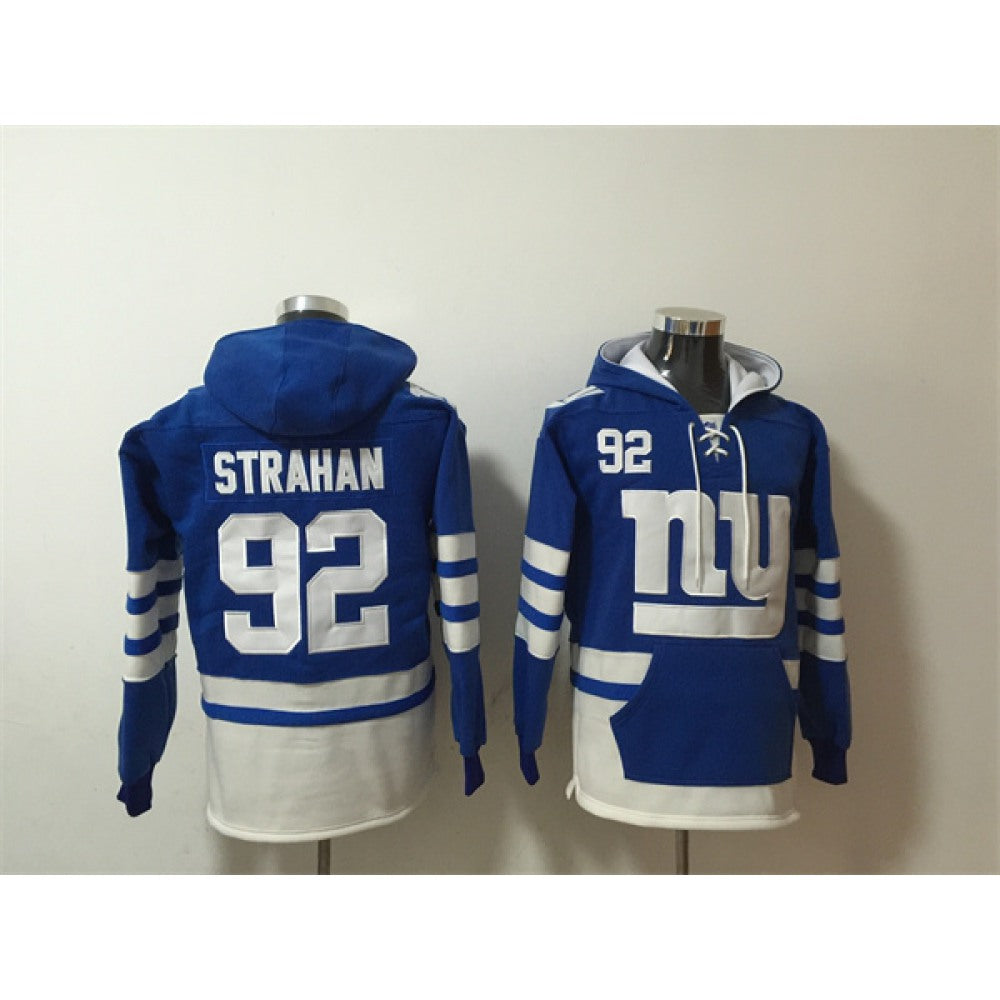 Men's New York Giants #92 Michael Strahan Blue/White Lace-Up Pullover Hoodie 