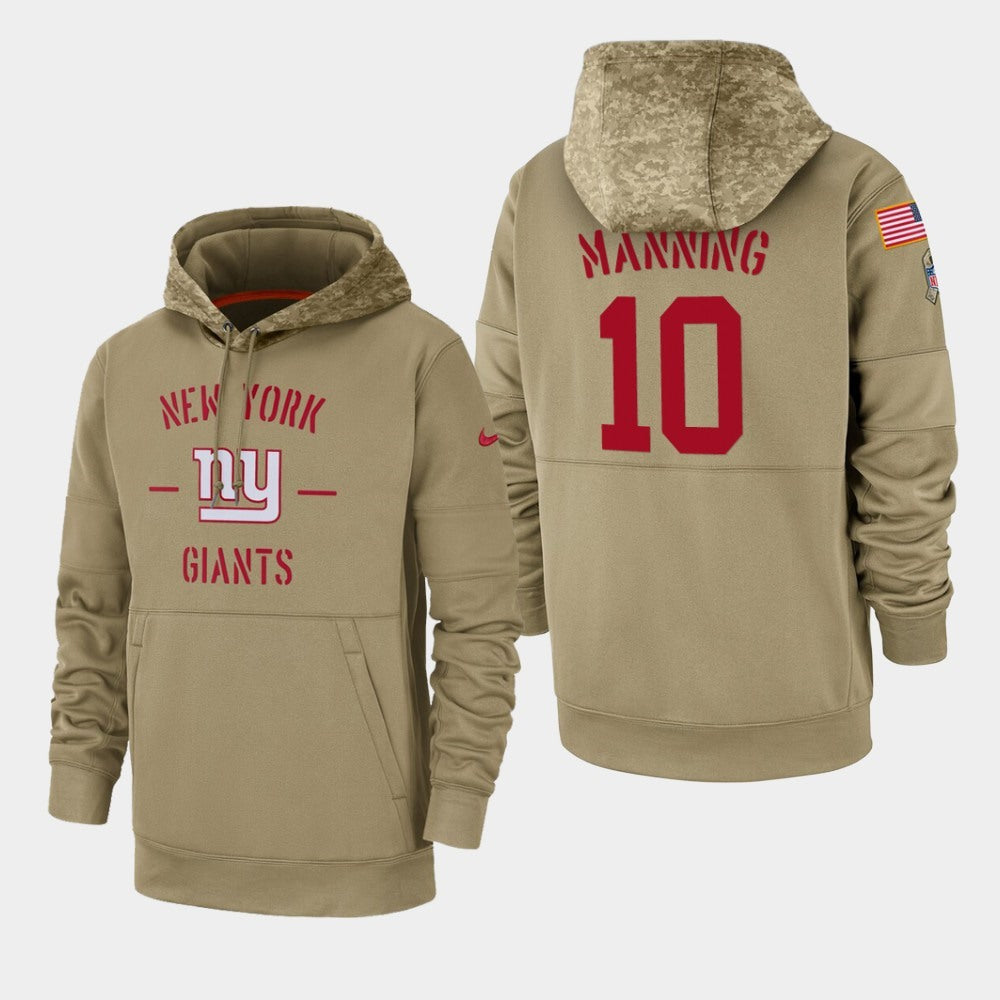 Men's New York Giants #10 Eli Manning Tan 2019 Salute to Service Sideline Therma Pullover Hoodie 