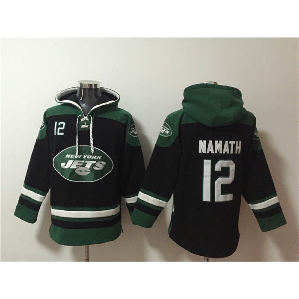 Men's New York Jets #12 Joe Namath Black Ageless Must-Have Lace-Up Pullover Hoodie 