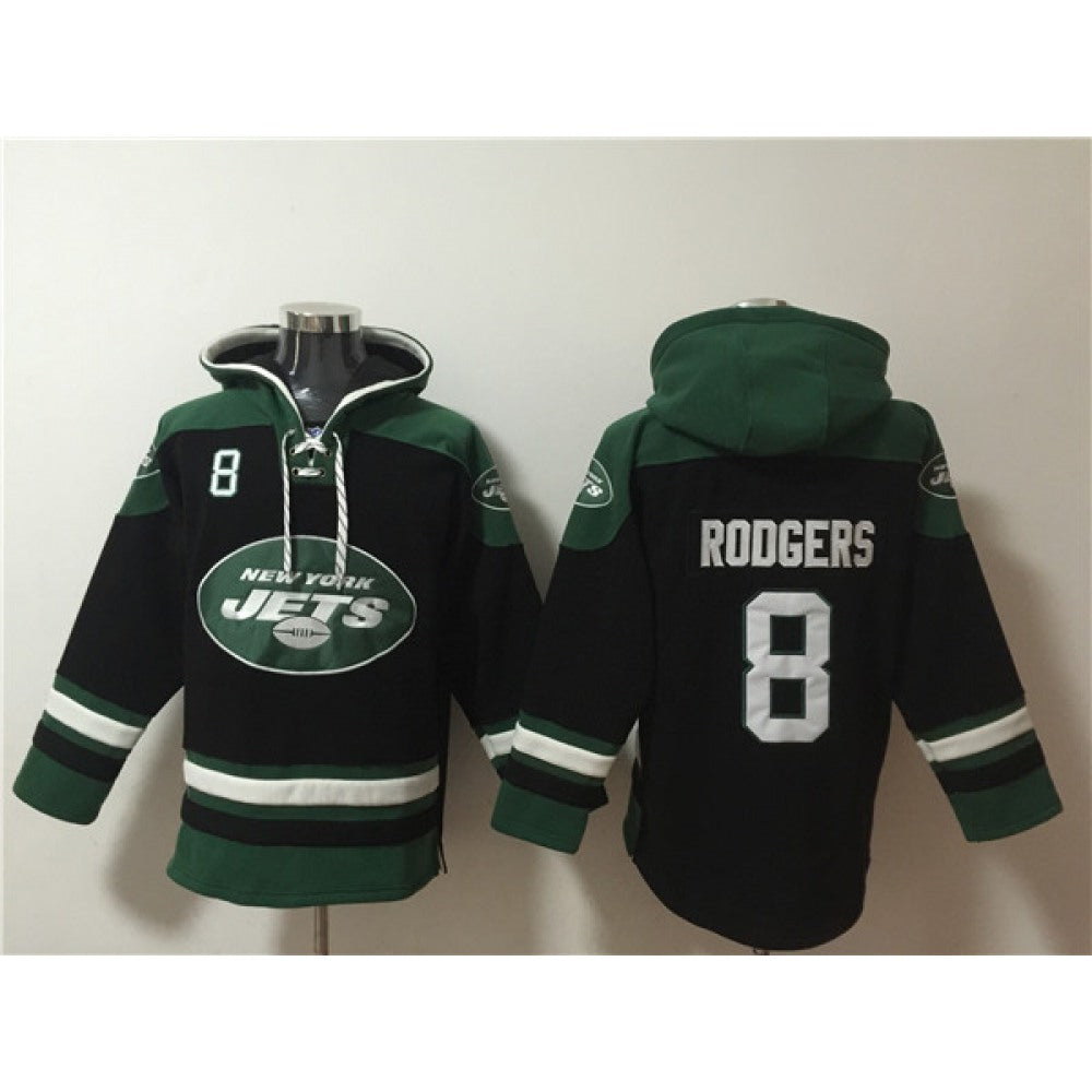 Men's New York Jets #8 Aaron Rodgers Black Ageless Must-Have Lace-Up Pullover Hoodie 
