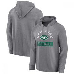 Men's New York Jets Heathered Gray No Time Off Raglan Pullover Hoodie 