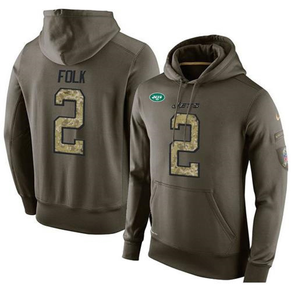 NFL Men's New York Jets #2 Nick Folk Stitched Green Olive Salute To Service KO Performance Hoodie 
