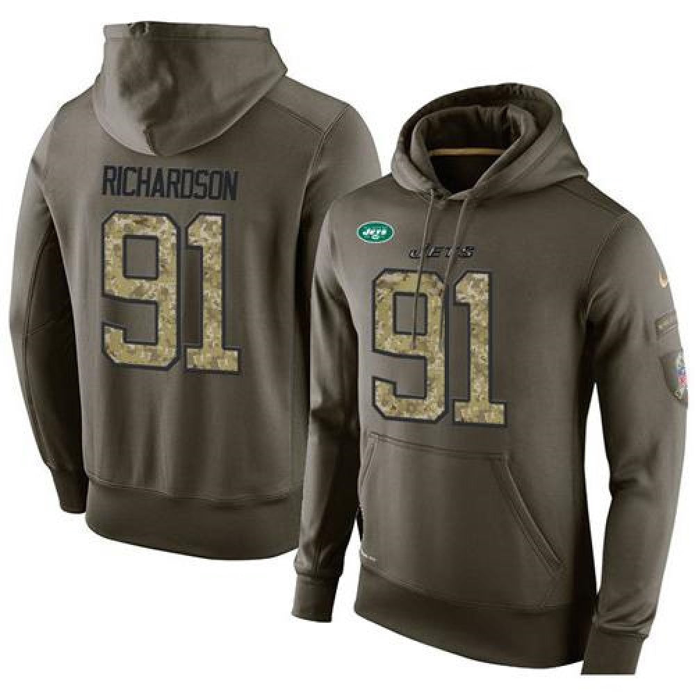 NFL Men's New York Jets #91 Sheldon Richardson Stitched Green Olive Salute To Service KO Performance Hoodie 