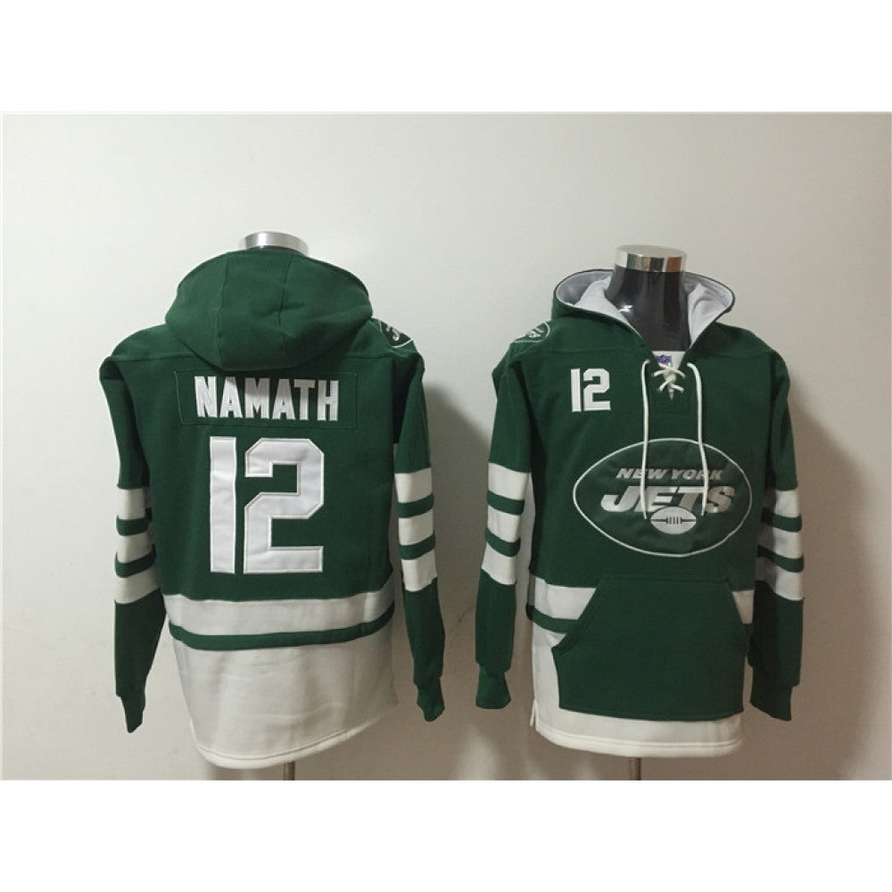 Men's New York Jets #12 Joe Namath Green Ageless Must-Have Lace-Up Pullover Hoodie 