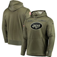Men's New York Jets 2018 Olive Salute to Service Sideline Therma Performance Pullover Stitched NFL Hoodie 