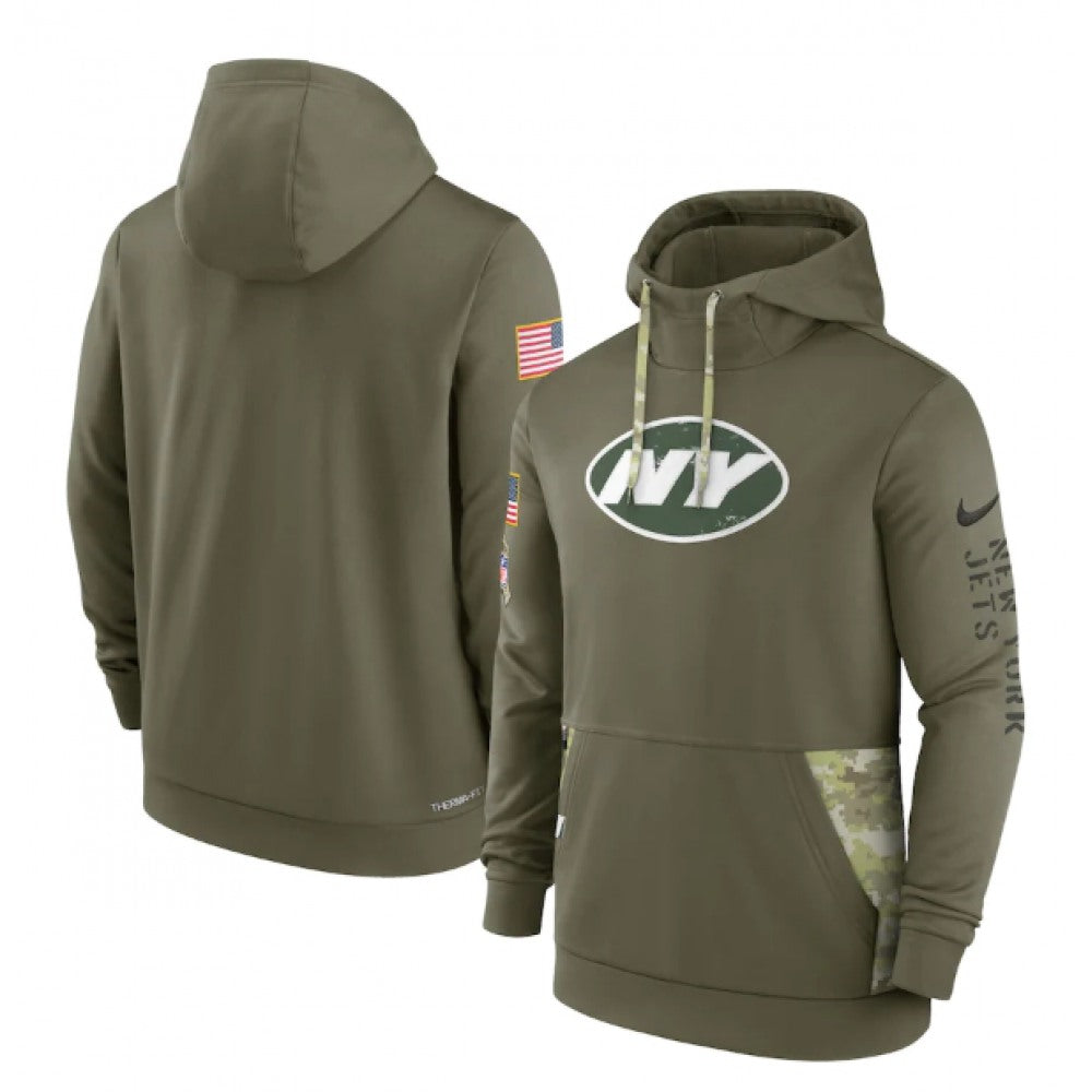 Men's New York Jets 2022 Olive Salute to Service Therma Performance Pullover Hoodie 