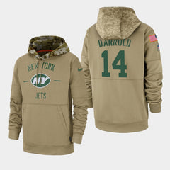 Men's New York Jets #14 Sam Darnold Tan 2019 Salute to Service Sideline Therma Pullover Hoodie 