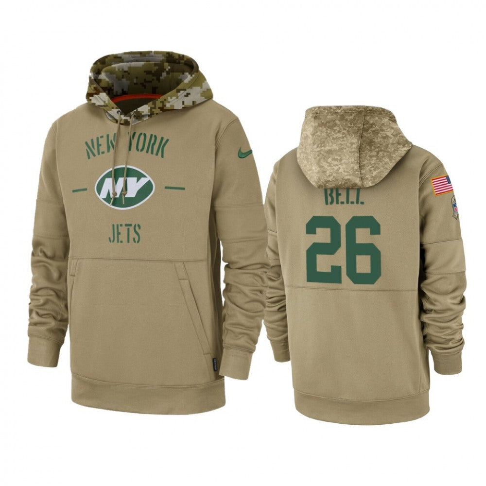 Men's New York Jets #26 Le'Veon Bell Tan 2019 Salute to Service Sideline Therma Pullover Hoodie 