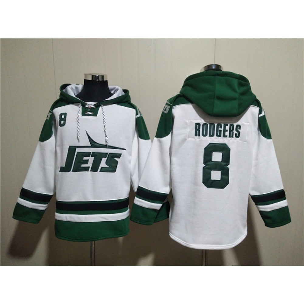 Men's New York Jets #8 Aaron Rodgers White Ageless Must-Have Lace-Up Pullover Hoodie 