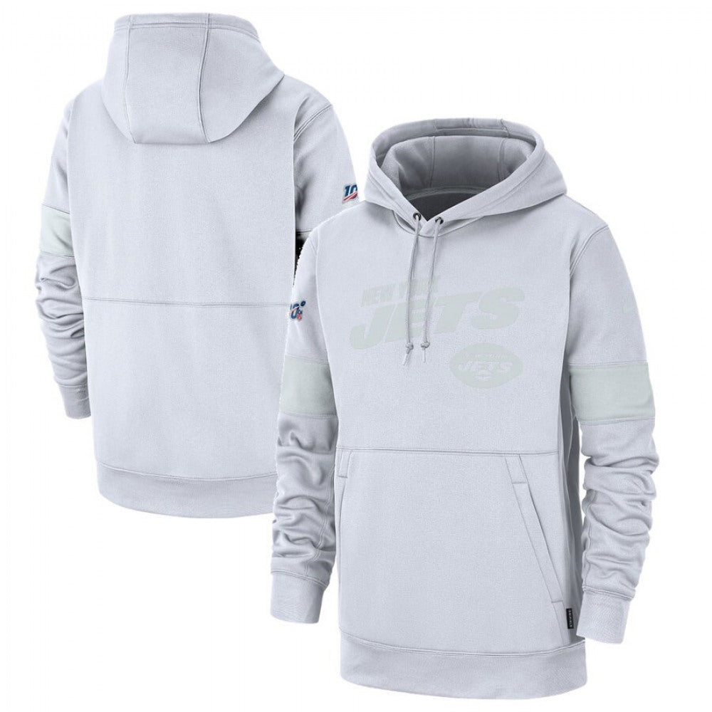 Men's New York Jets White 2019 100th Season Sideline Platinum Therma Pullover Hoodie 