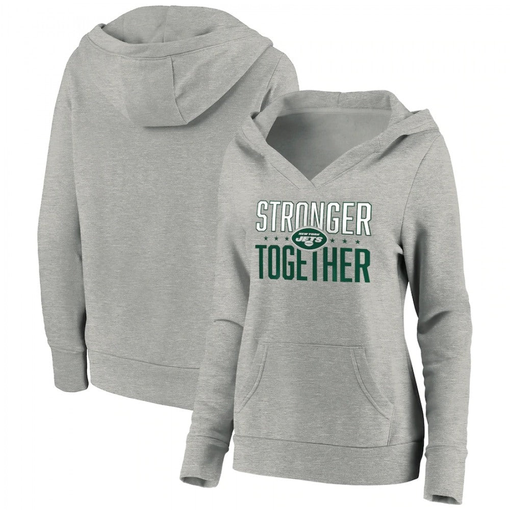 Women's New York Jets Heather Gray Stronger Together Crossover Neck Pullover Hoodie(Run Small) 