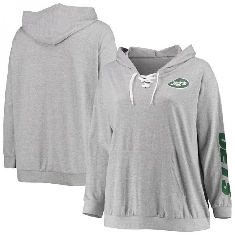 Women's New York Jets Heathered Gray Lace-Up Pullover Hoodie 