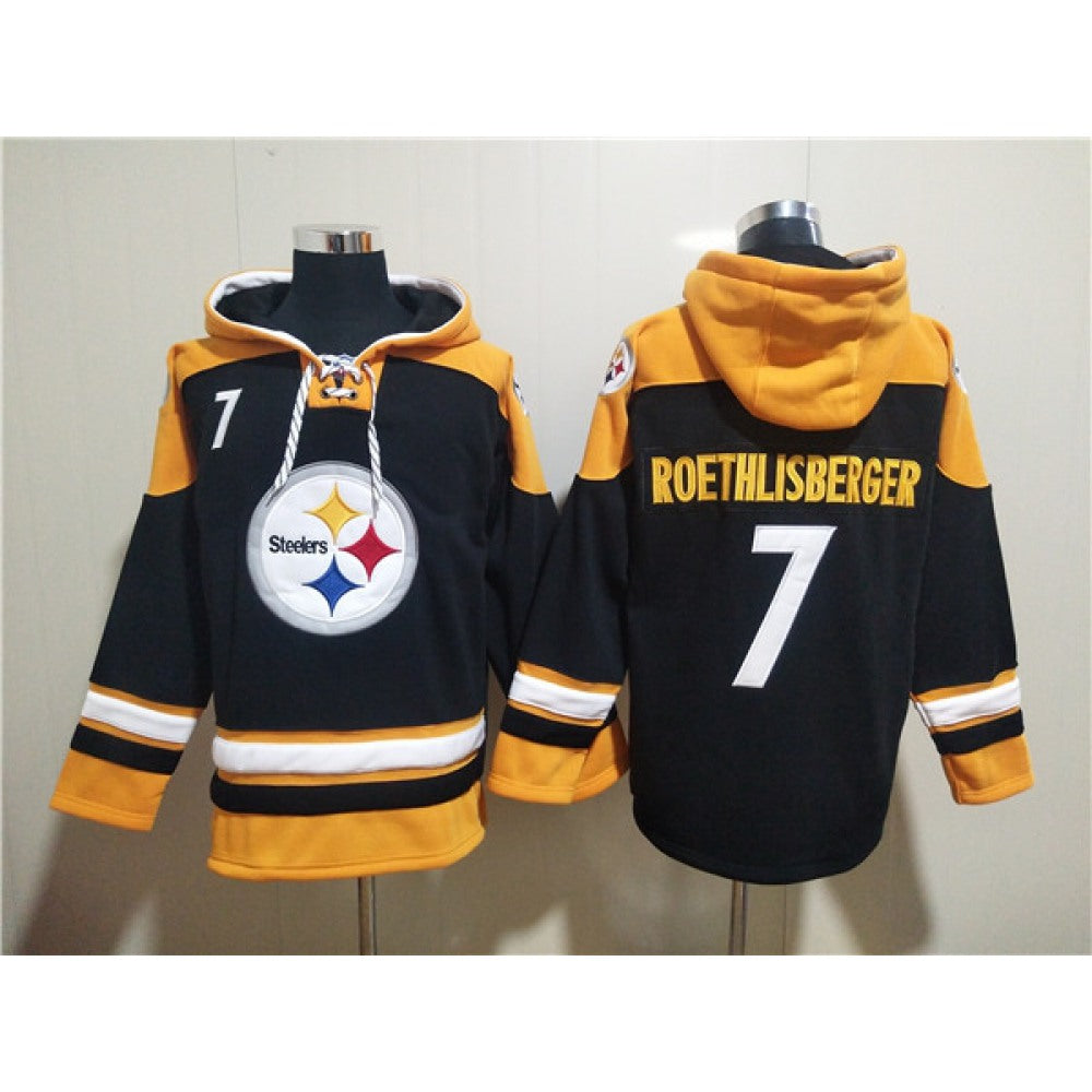 Men's Pittsburgh Steelers #7 Ben Roethlisberger Black Ageless Must-Have Lace-Up Pullover Hoodie 