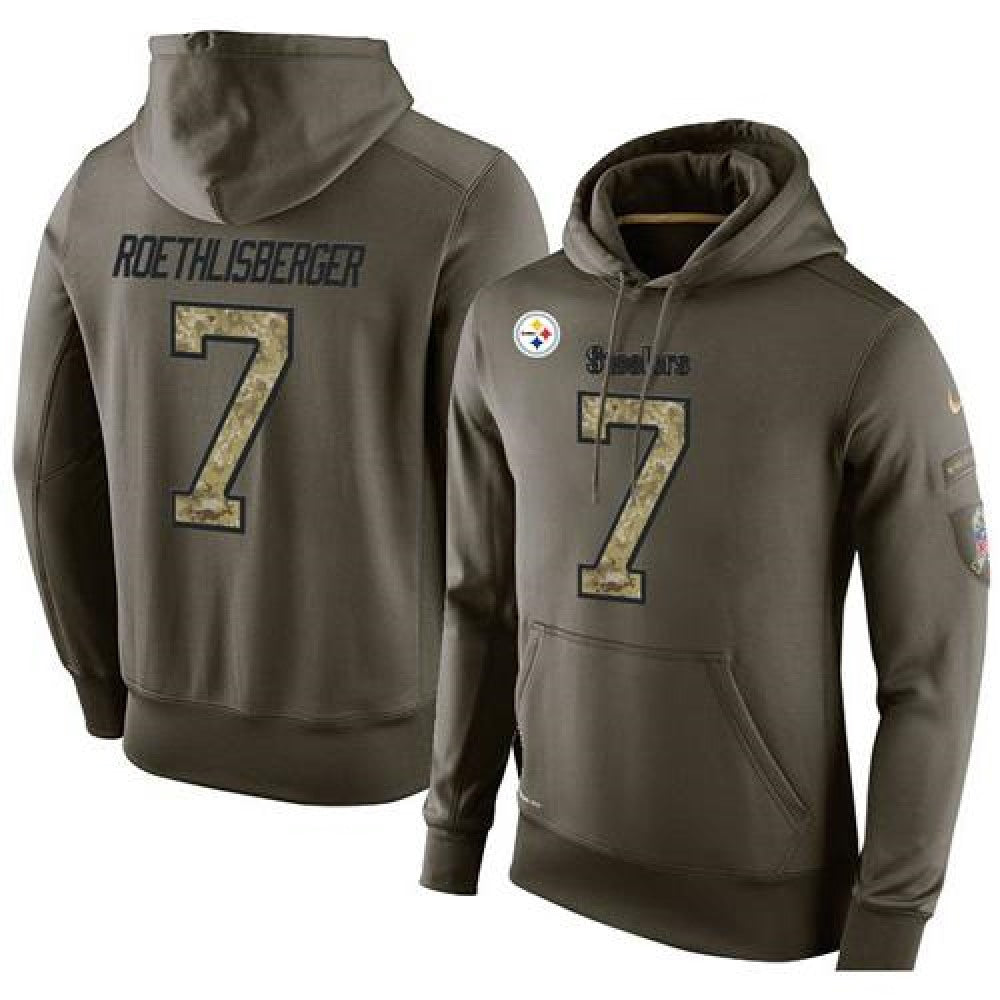 NFL Men's Pittsburgh Steelers #7 Ben Roethlisberger Stitched Green Olive Salute To Service KO Performance Hoodie 