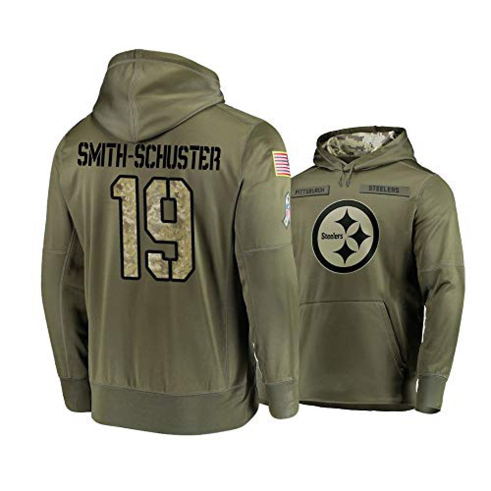 Men's Pittsburgh Steelers #19 JuJu Smith-Schuster 2019 Olive Salute to Service Sideline Therma Performance Pullover Hoodie 
