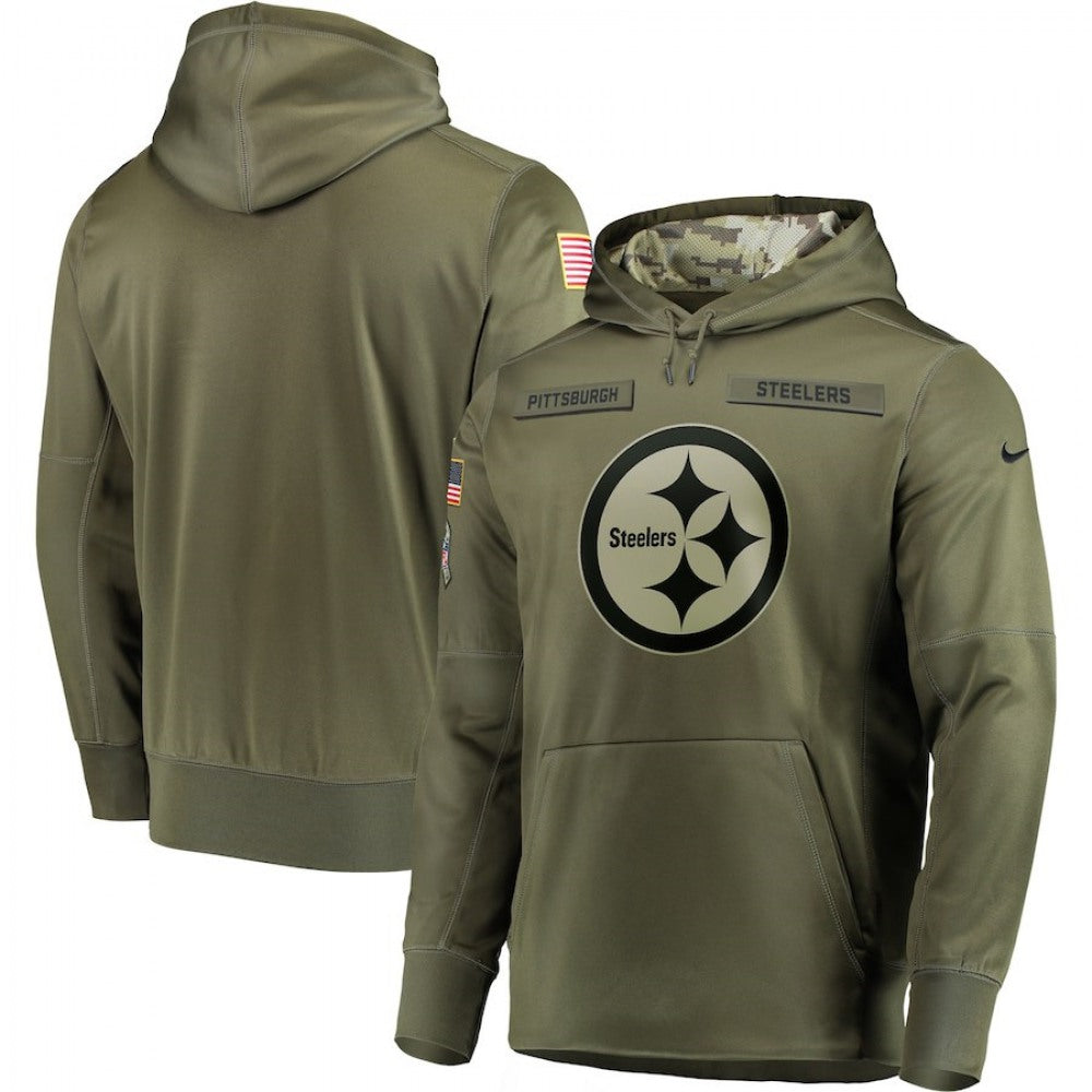 Men's Pittsburgh Steelers 2018 Olive Salute to Service Sideline Therma Performance Pullover Stitched NFL Hoodie 