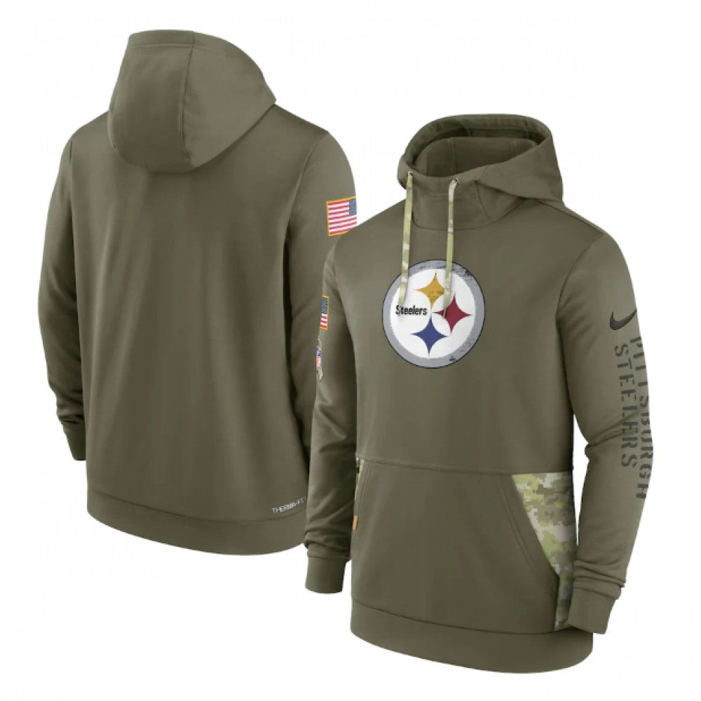 Men's Pittsburgh Steelers 2022 Olive Salute to Service Therma Performance Pullover Hoodie 