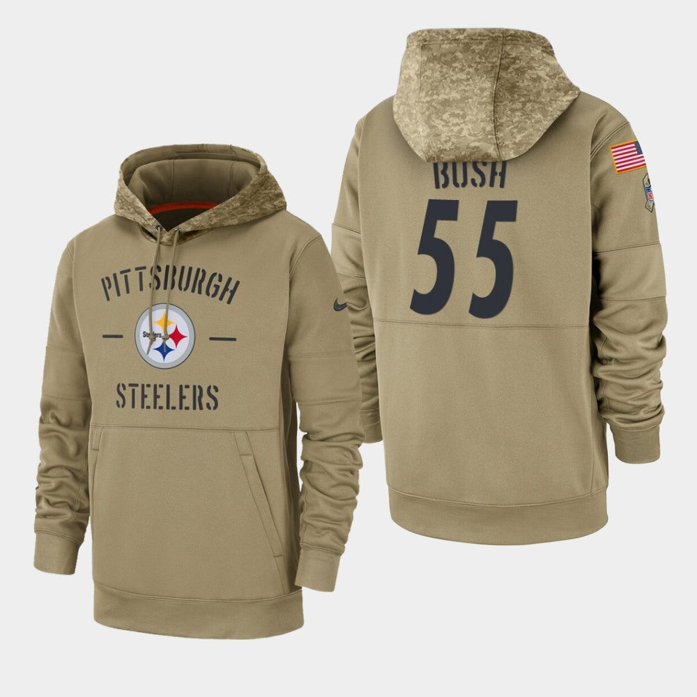Men's Pittsburgh Steelers #55 Devin Bush Tan 2019 Salute to Service Sideline Therma Pullover Hoodie 