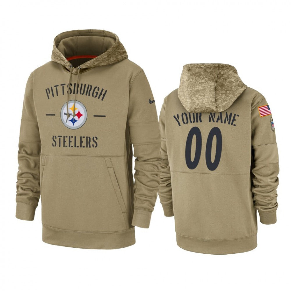 Men's Pittsburgh Steelers Customized Tan 2019 Salute to Service Sideline Therma Pullover Hoodie 