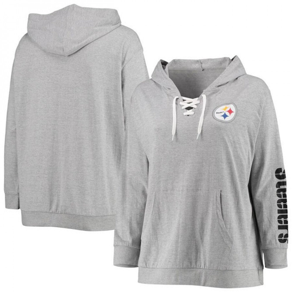 Women's Pittsburgh Steelers Heathered Gray Lace-Up Pullover Hoodie 