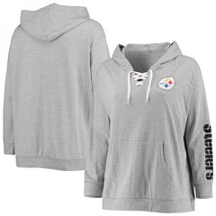 Women's Pittsburgh Steelers Heathered Gray Lace-Up Pullover Hoodie 