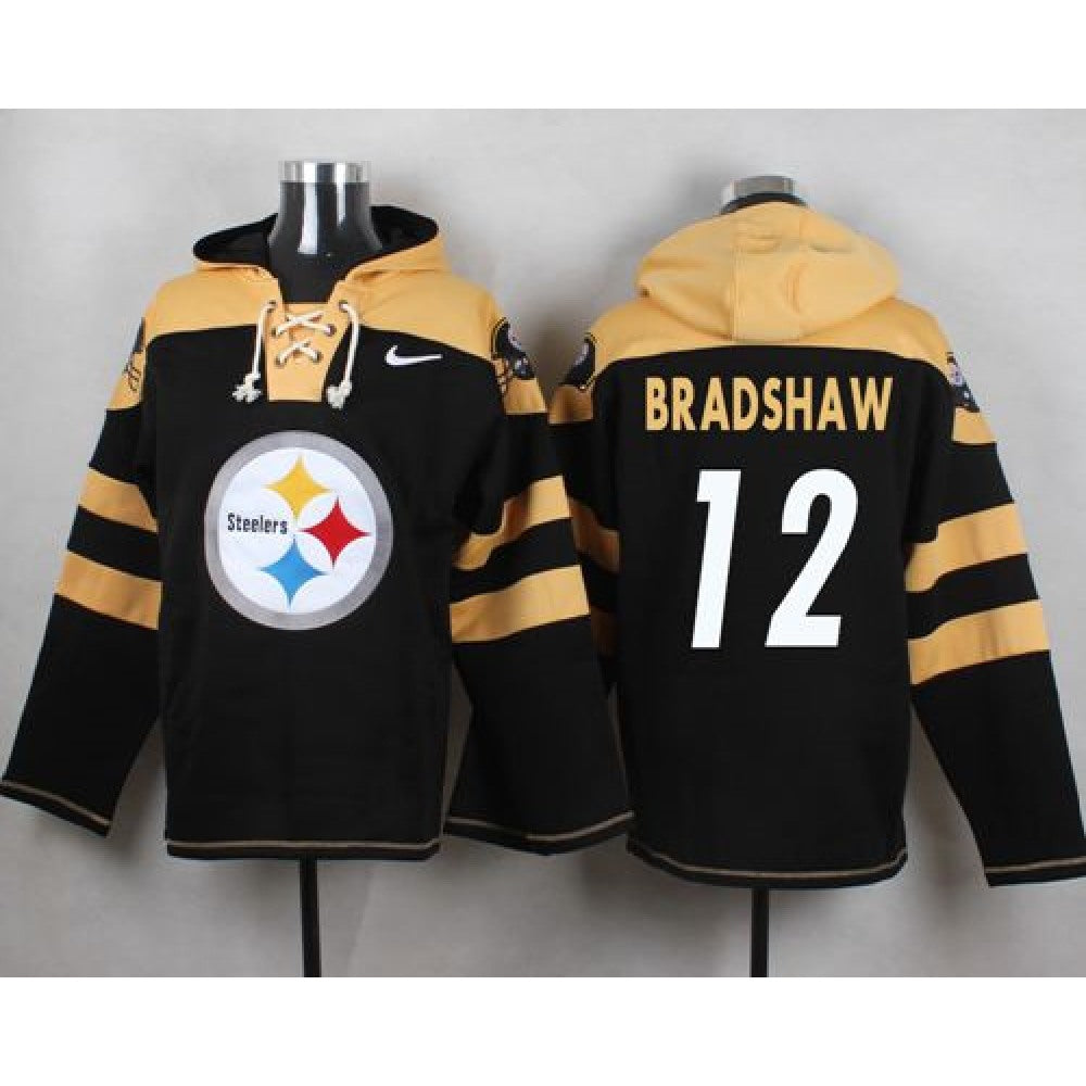 Steelers #12 Terry Bradshaw Black Player Pullover NFL Hoodie 