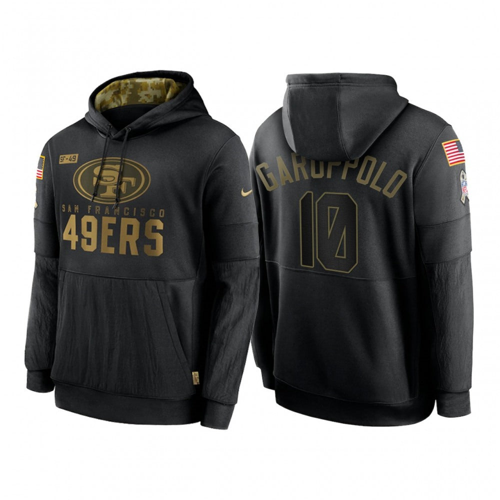 Men's San Francisco 49ers #10 Jimmy Garoppolo 2020 Black Salute to Service Sideline Performance Pullover Hoodie 