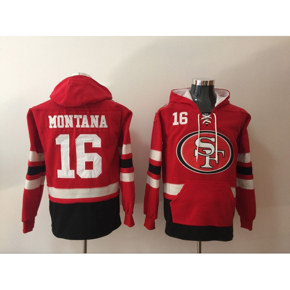 Men's San Francisco 49ers #16 Joe Montana Red All Stitched NFL Hoodie Sweatshirt 